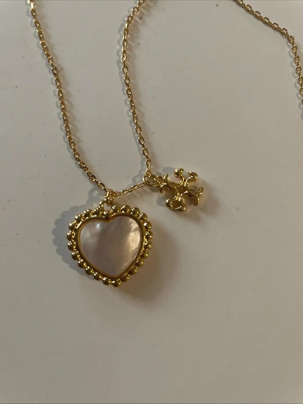 Tory Burch Gold Heart Pendant Necklace with Mother-of-Pearl Inlay